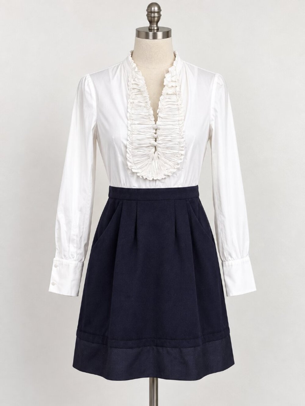 BCBGMAXAZRIA Women 4 Black Ivory Ruffle Mini Dress Cotton Blend Preppy Chic
